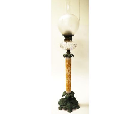 Antique decorated bronzed banquet lamp decorated glass column, on bronzed base,  supporting cut crystal fuel reservoir, with 