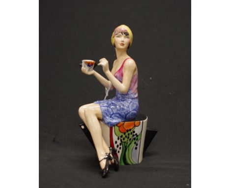 Peggy Davies ceramic 'Art Deco' figure painted limited edition # 115/500 ceramic seated figure, woman holding a coffee cup, m