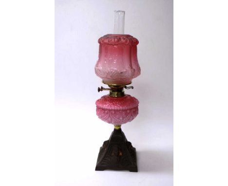 Antique ruby glass kerosene fuel banquet lamp ruby glass shade and reservoir, double burners, glass inn er funnel, to decorat
