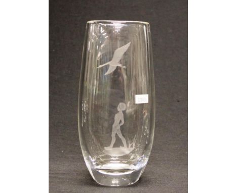 Orrefors studio glass etched table vase etched figure and bird in flight decoration, inscribed to base, (height 22.5cm approx