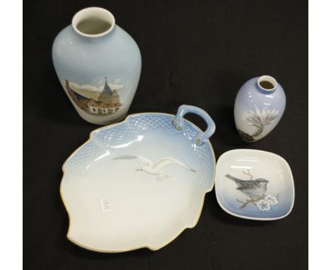 Four various Danish ceramic decorative pieces including: Bing and Grondahl 'Grend Kirke,' vase, (height 18cm approx), and a s