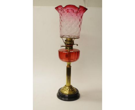 Antique kerosene fuel banquet lamp with ruby glass shade and fuel reservoir, brass double burner,  to column brass base, (hei