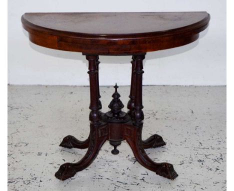 Antique walnut card table with inlaid burr walnut veneer top opening to a round playing surface, 92cm wide, 45cm deep, 70cm h