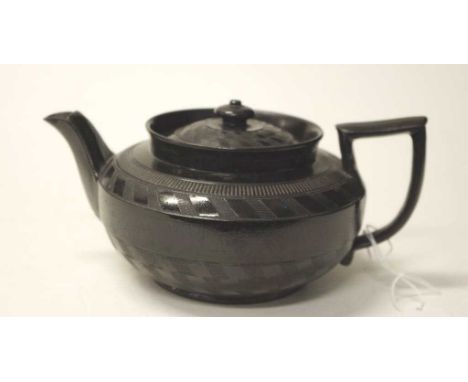 Antique Spode black ceramic teapot C:1830 engraved decoration, (height 9cm approx).