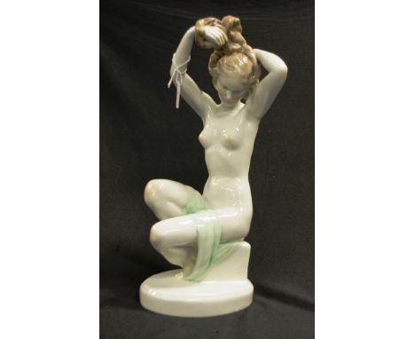 Good Herend Hungary ceramic Nude figure hand painted, seated nude woman bather, marked to base, (height 37cm approx).