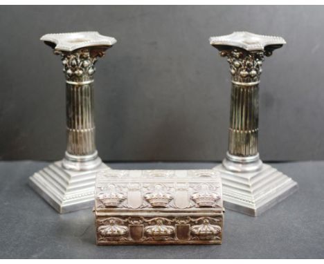 Pair vintage silver plate candlesticks pair column form candlesticks, marked for Whitehill to stepped bases, weighted bases, 