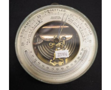 Brass cased wall mounted barometer with incorporated thermometer, (diameter 13cm approx).