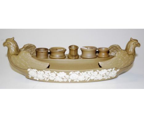 Rare Ridgway stoneware inkstand Circa 1800, with complete Sander & Will insert and in relief Griffin ends, width 31cm approxE