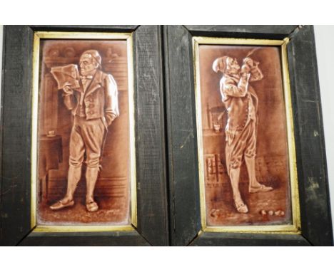 Pair early ceramic tile figural portraits each ceramic tile decorated with image of a standing gentleman figure, each in an o