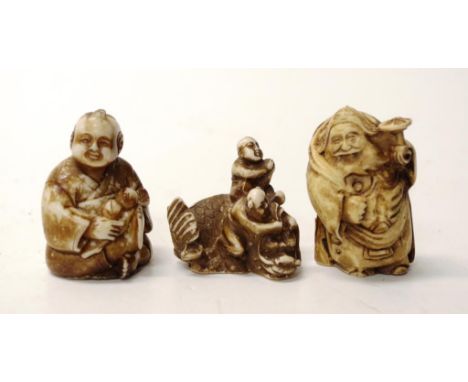 Three various Japanese figures Netsuke of old man and two Okimonos