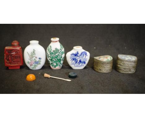 Group  Chinese ceramic snuff bottles etc including: 3 various painted ceramic snuff bottles, together with a Chinese cinnabar