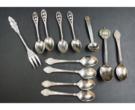 Quantity of various silver spoons comprising a set of 4 coffee spoons marked 835, a set of 5 South African silver coffee spoo