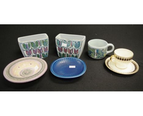 Four Nils Thorsson Denmark ceramic tableware including: pair vases, (height 8cm approx, each); a teacup; and a small 'Marseli