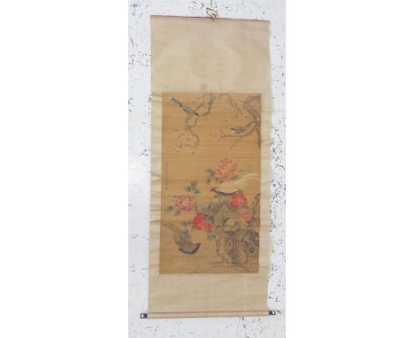 Chinese painted bird &amp; blossom scroll signed in characters middle left, painted scroll, (condition as inspected: cracking