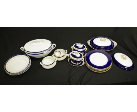Group various vintage blue &amp; white tableware including:  set 5 Meakin 'Bleu de Roi' soup plates, &amp; pair matching serv