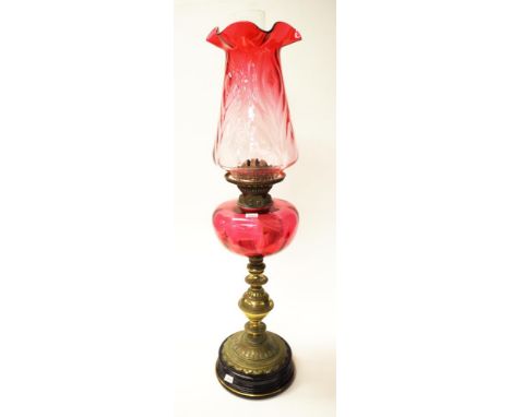 Antique kerosene brass &amp; glass banquet lamp with brass column on glass base, ruby glass reservoir and shade, Duplex twin 