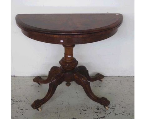 Victorian walnut card table with swivel top opening to circular playing surface. Approximate dimensions: 92cm wide 46cm deep 