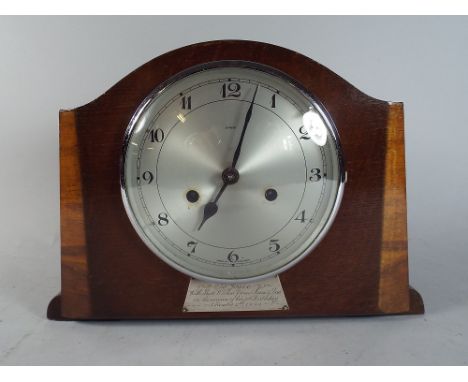 An Enfield Walnut Mantle Clock with Presentation Label 1946.