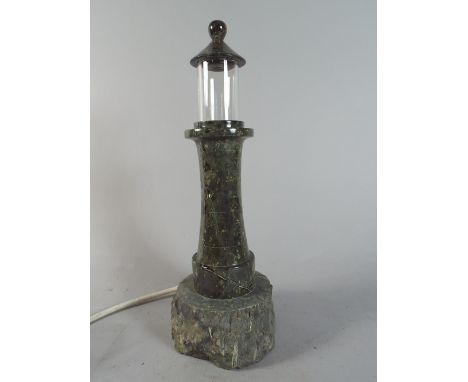 A Serpentine Marble Table Lamp in The Form of A Lighthouse. 