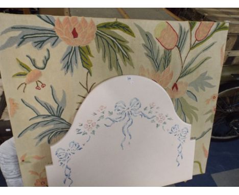 A Single Painted Head Board, a Fabric Covered Headboard and A Tapestry Panel.