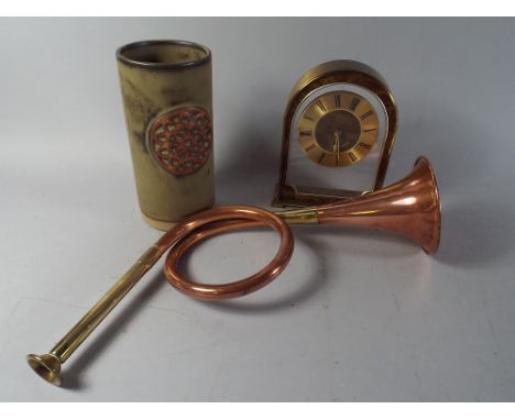 A Copper Horn, Brass Clock and Ceramic Vase. 