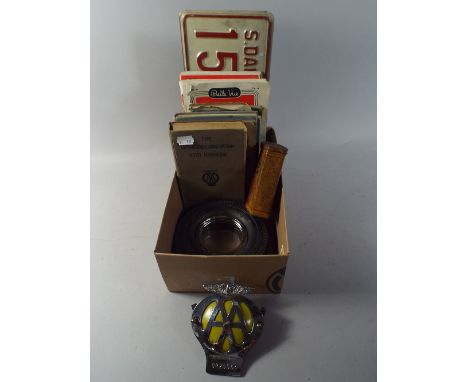 A Box Containing Automobile Ephemera to Include AA Badge, Maps, Silverstone Programmes Etc. 