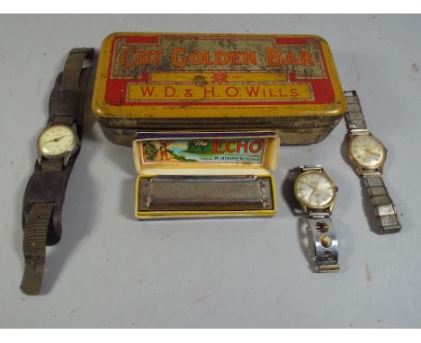A Hohner Harmonica and Collection of Three Vintage Wrist Watches. 