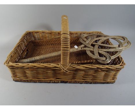 A Large Wicker Bakers Basket, Tray and Carpet Beater. 