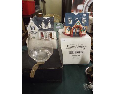 Two Snow Village Ceramic Houses and An Etched Glass Bowl.