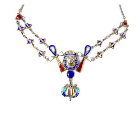 A silver and enamel ancient Egyptian motif necklace, picked out in blue, red, white and turquoise coloured enamel details, 22