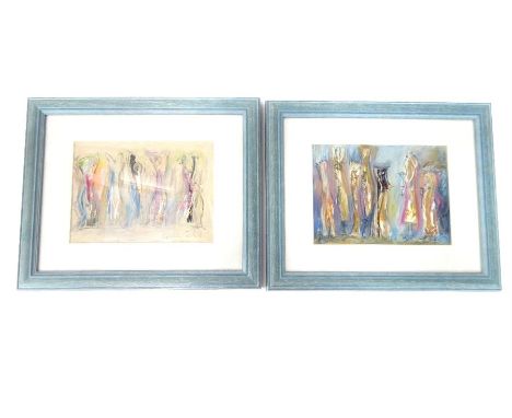 Cassandra Constant (Spanish, contemporary), Abstract figures standing on paper, mixed media, signed in pencil, contemporary f