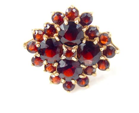 A 9 ct vintage yellow gold large Madagascan garnet cluster cocktail ring, Weight 5.80 g