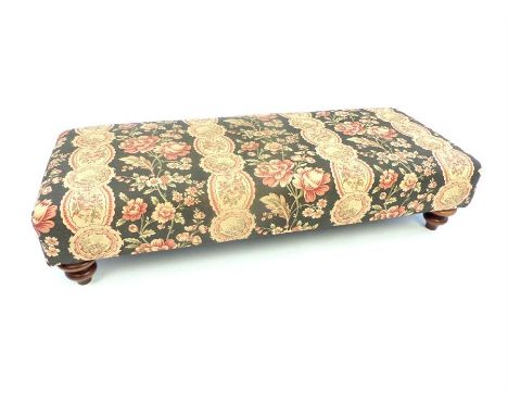 Bank stool, floral trailing & picture panel decorated upholstery, turned legs, 128cm w