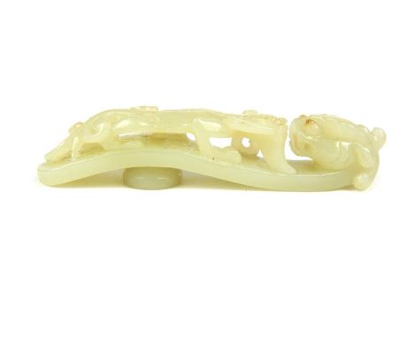 A Chinese jadeite jade belt hook, with dragon head, looking at a crawling dragon, 11 cm 