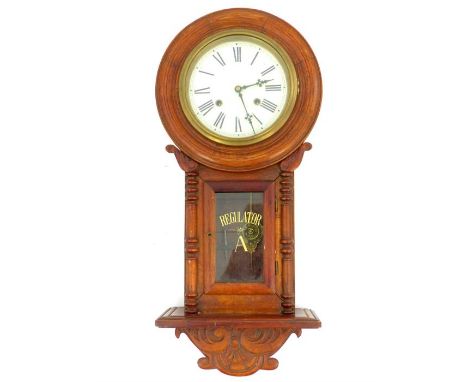 Late 19thC wall clock, regulator striking on a coil, drop down dial walnut case with glass aperture, 7" enamel face with Roma