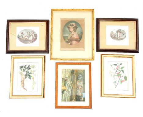 A group of six various prints; an 18th century coloured stipple engraving portrait of seated lady wearing a pink dress, signe