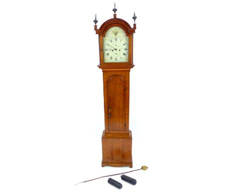 18thC longcase clock by Roe of Farnham, c1760, 12" painted face with three dials; seconds, day & time, 8 day twin train movem