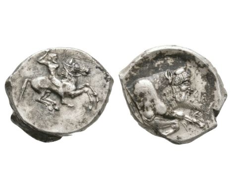 490-475 BC. Obv: bearded horseman, wearing Phrygian helmet, on horseback galloping right, wielding spear. Rev: GE (above bear