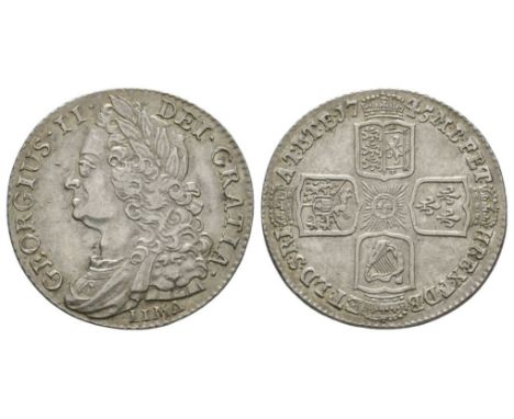 Dated 1745 AD. Old laureate bust. Obv: profile bust with LIMA below and GEORGIVS II DEI GRATIA legend. Rev: cruciform arms wi