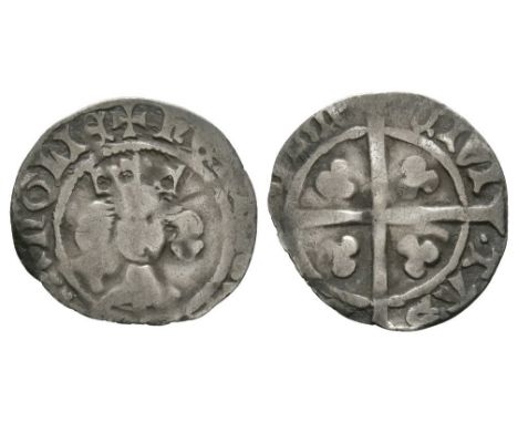 1412-1413 AD. Light coinage. Obv: facing bust with trefoil on breast and +HENRIC [ ] ANGLI legend. Rev: long cross and pellet