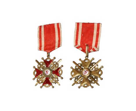 19th century AD. Military division (with swords), with suspension ring and ribbon. Obv: red enamelled Bath cross with red on 