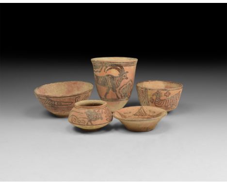 3rd millennium BC. A group of ceramic Nal culture vessels with polychrome decoration consisting of; a cup with vulture and st