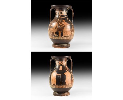 5th-4th century BC. A ceramic pelike vessel with flared rim, vertical handles, globular body decorated to one side with a sea