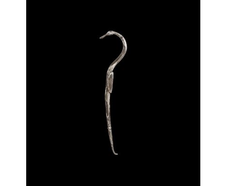 2nd-3rd century AD. A curved round-section silver rod with swan-head finial, applied discoid decoration representing wings, a