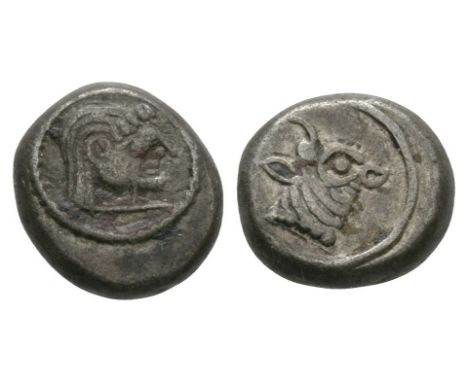 Before 470 BC. Obv: archaic female head right. Rev: head of bull right within linear circle. SNG Cop 98: SNG BMC Black Sea 10