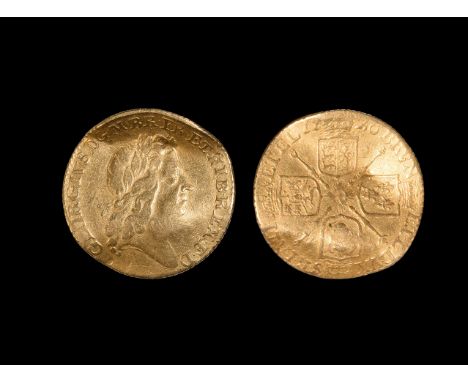 Dated 1720. A George I gold half guinea folded twice into an s-shape for use as a love token gift, first laureate bust right,