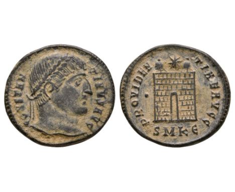 324-325 AD. Cyzicus mint. Obv: CONSTANTINVS AVG legend with diademed bust right. Rev: PROVIDENTIA AVGG legend with two-turret