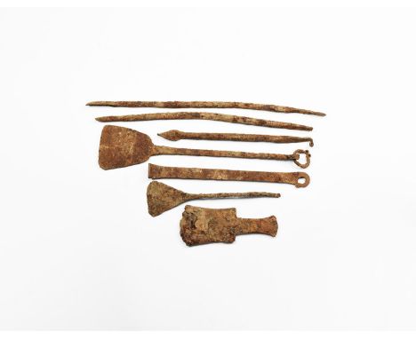 14th-16th century AD. A mixed group of iron hand tools including a chisel and plane blade. 739 grams total, 13-34cm (5 - 13 1