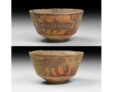 3rd millennium BC. A ceramic Nal culture cup decorated with polychrome panels depicing a fish and a vulture with panels betwe