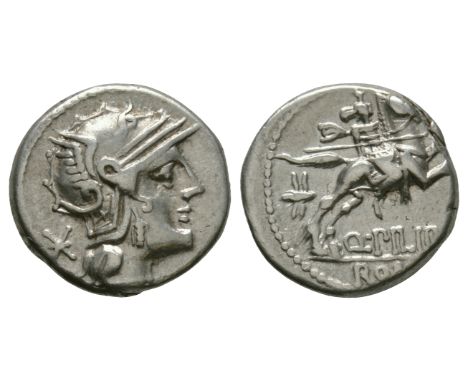 129 BC. Rome mint. Obv: helmeted head of Roma in winged helmet right, rudimentary, six-pointed star behind head. Rev: rider i